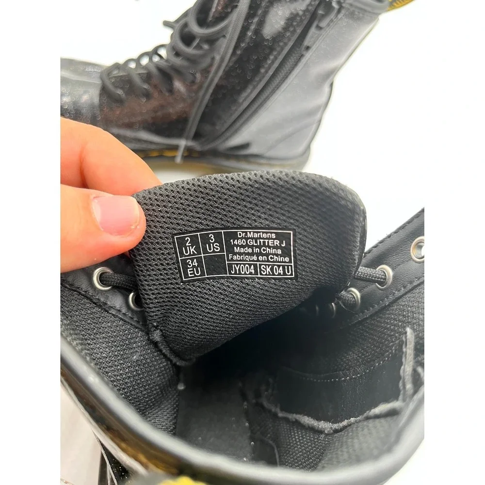 Dr. Martens Glitter 1460 Junior Kids 3 Boots Black Leather Round Toe Combat Boot